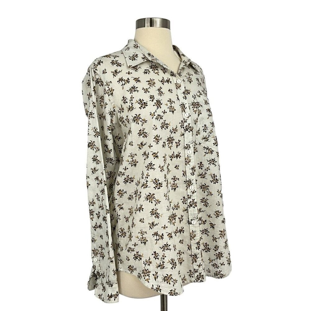 NWT Current Elliott Size 2 Floral Shirt Ivory Green Long Sleeve Linen Blend - Picture 7 of 13